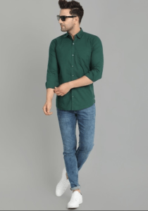 Blue Denim with Dark Green Shirt: