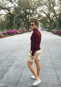 Maroon Shirt With Beige Shorts and Sandals