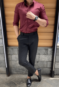 Maroon Shirt With Black Pants and Black Shoes