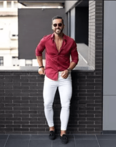 Maroon Shirt With White Jeans and Tan Loafers