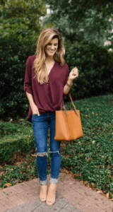 Maroon Silk Button-up Shirt With Ripped Blue Jeans