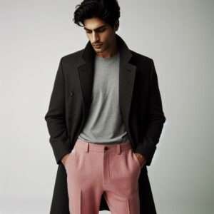 Pink Trousers with Light Grey T-shirt and Dark Grey Long Coat