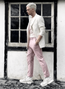 Pink Trousers with White T-shirt and White Blazer