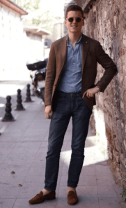 brown blazer with blue jeans